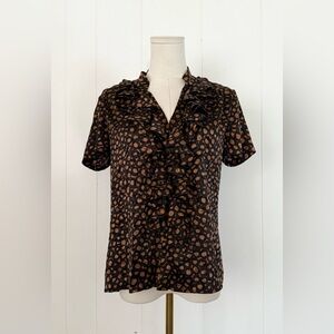 St. John Silk Black and Bronze Leopard Print Ruffle Neck Blouse Size 6 Luxury